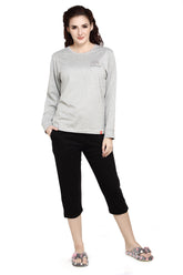 evolove Grey Round neck evolove Print Women's Full sleeve (Capri set) Night suit